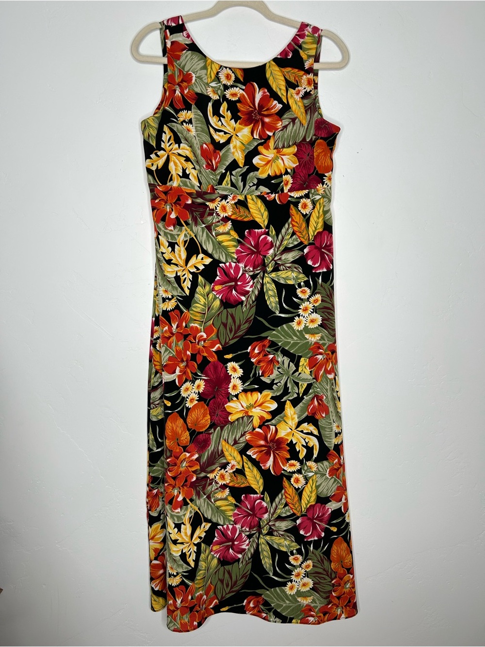 90's Sag Harbor Black Floral A Line Maxi Dress Size Vintage 10 Cruise Resortwear